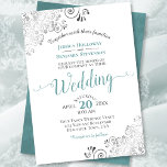 Silver Frills Elegant Teal & Grey on White Wedding Invitation<br><div class="desc">This beautiful wedding invitation features a simple yet elegant design with lacy script teal coloured calligraphy on a white background and frilly silver grey faux foil filigree in the corners. The wording is formal,  but the layout is modern and stylish.</div>