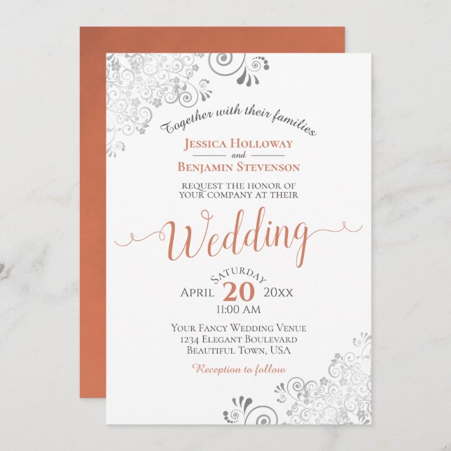 Silver Frills Elegant Terracotta on White Wedding Invitation (Front/Back)