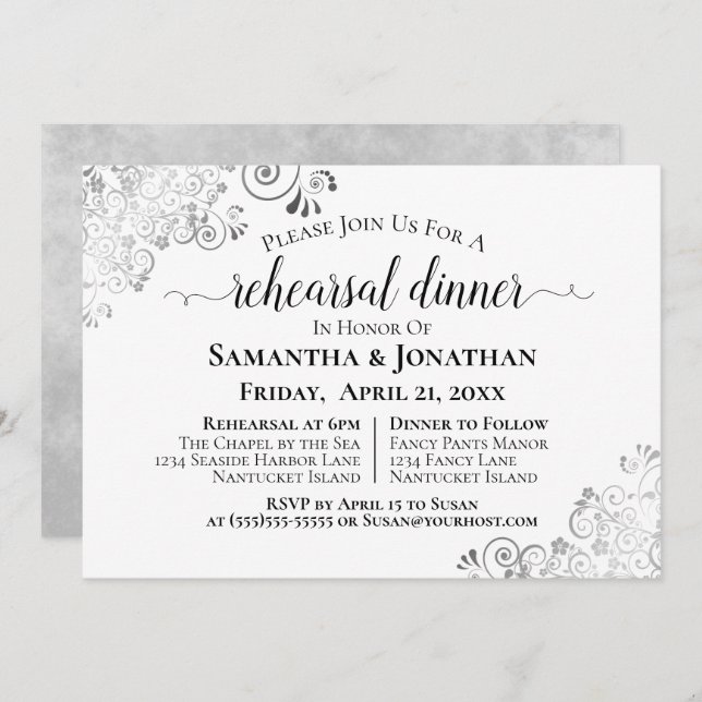 Silver Frills Elegant Wedding Rehearsal & Dinner Invitation (Front/Back)
