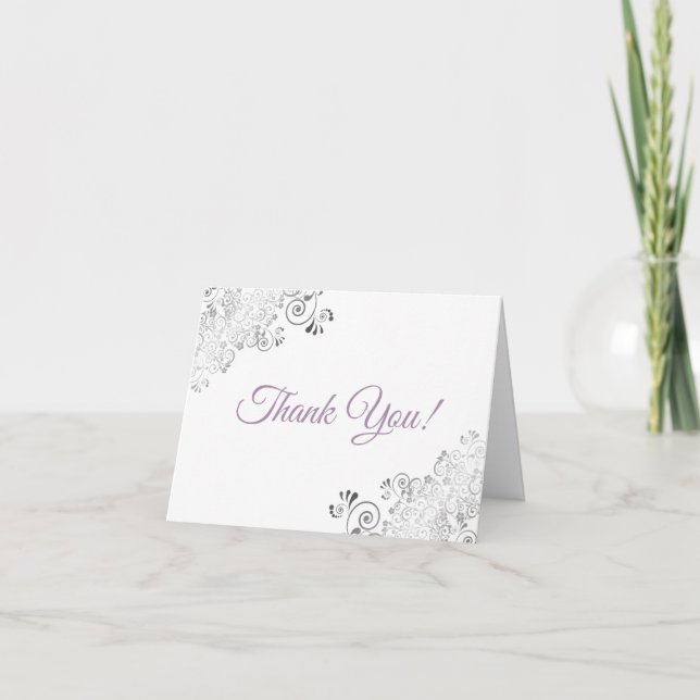 Silver Frills Elegant White Lavender Wedding Photo Thank You Card (Front)