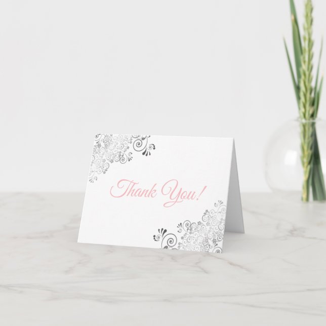 Silver Frills Elegant White & Pink Wedding Photo Thank You Card (Front)