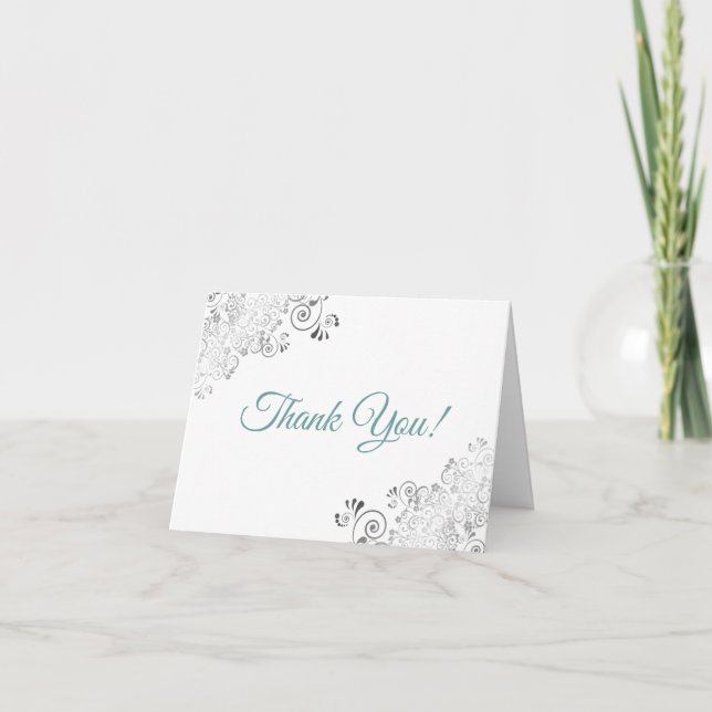 Silver Frills Elegant White & Teal Wedding Photo Thank You Card (Front)