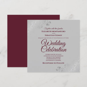 Silver Frills Grey Burguny Elegant Square Wedding Invitation