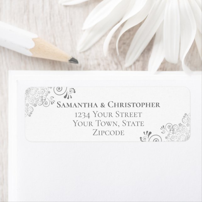 Silver Frills Grey on White Wedding Return Address (Insitu)