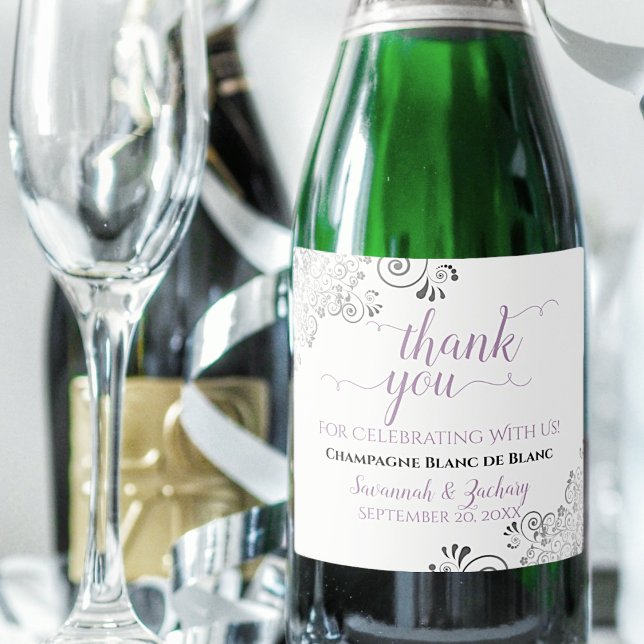 Silver Frills Lavender on White Wedding Thank You Sparkling Wine Label (Creator Uploaded)