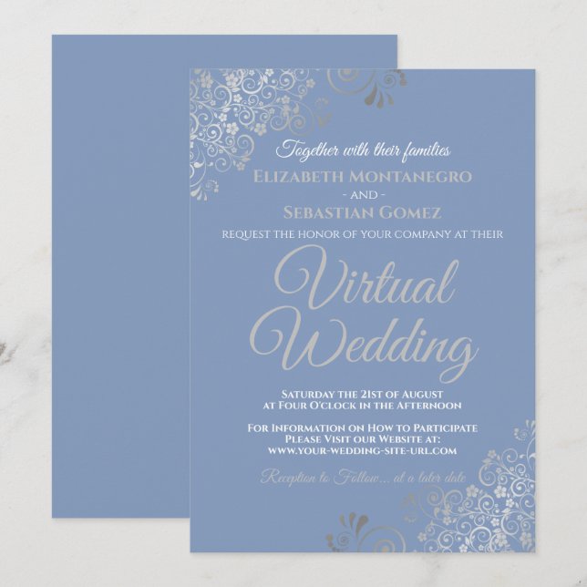Silver Frills Light Blue and Grey Virtual Wedding Invitation (Front/Back)