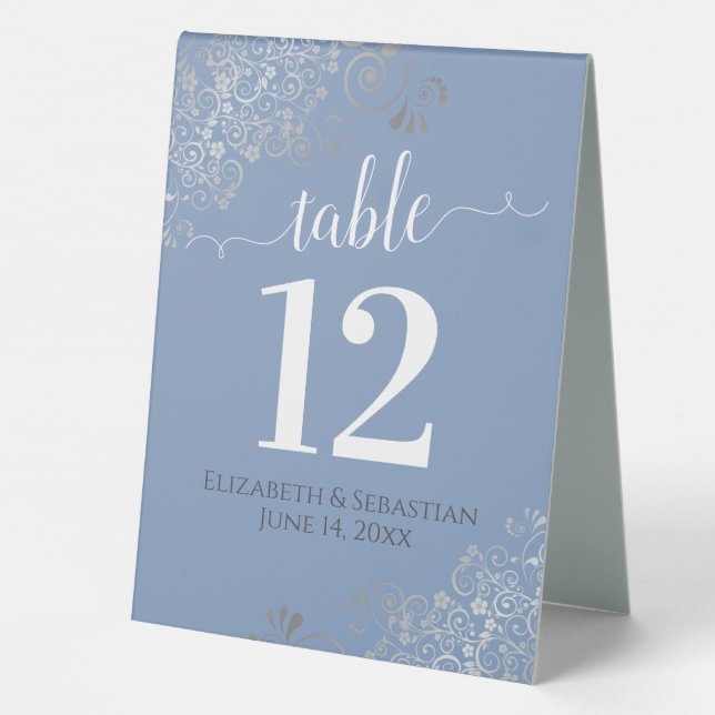 Silver Frills Light Blue Wedding Table Number (Back)