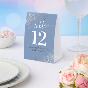 Silver Frills Light Blue Wedding Table Number