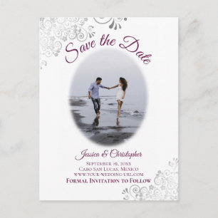 Silver Frills Magenta Photo Wedding Save the Date Announcement Postcard
