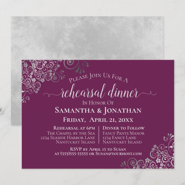 Silver Frills Magenta Wedding Rehearsal & Dinner Invitation (Front/Back)