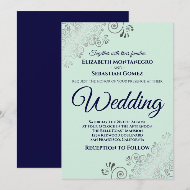 Silver Frills Mint Green & Navy Blue Chic Wedding Invitation (Front/Back)