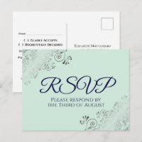 Silver Frills Mint Green & Navy Blue Wedding RSVP