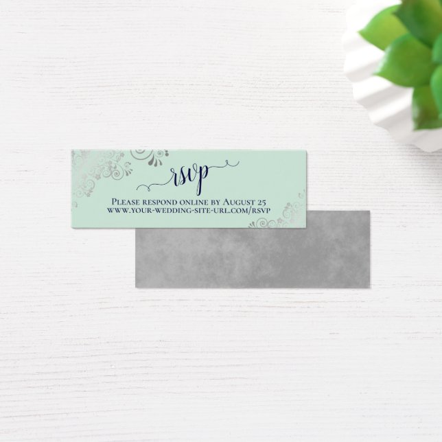 Silver Frills Mint & Navy Wedding RSVP Online Card (Desk)