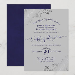 Silver Frills Navy Blue & Grey Wedding Reception Invitation