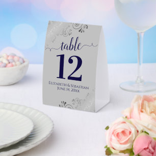 Silver Frills Navy Blue Grey Wedding Table Number