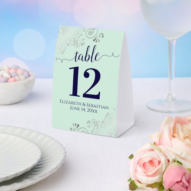 Silver Frills Navy Blue Mint Wedding Table Number (Insitu(Wedding))