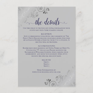 Silver Frills Navy Blue on Grey Wedding Details Enclosure Card