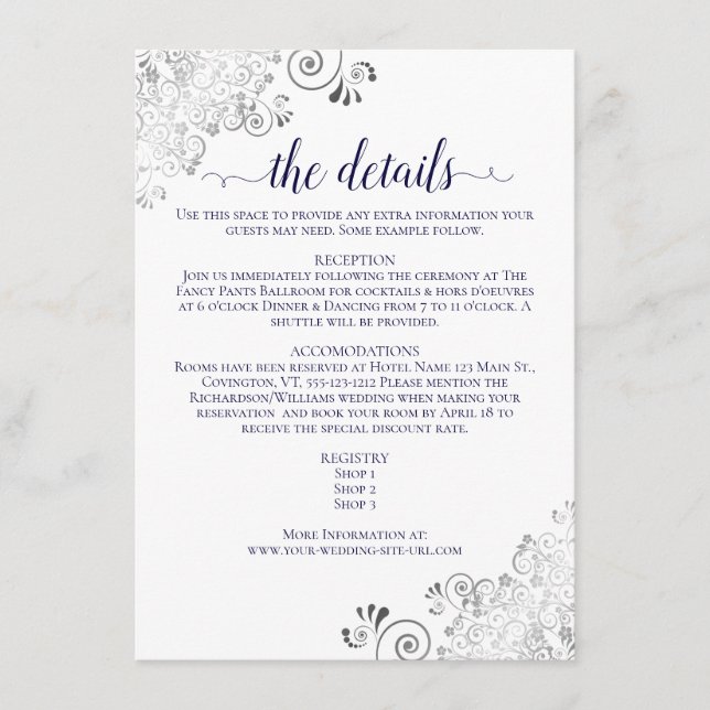 Silver Frills Navy Blue on White Wedding Details Enclosure Card (Front)