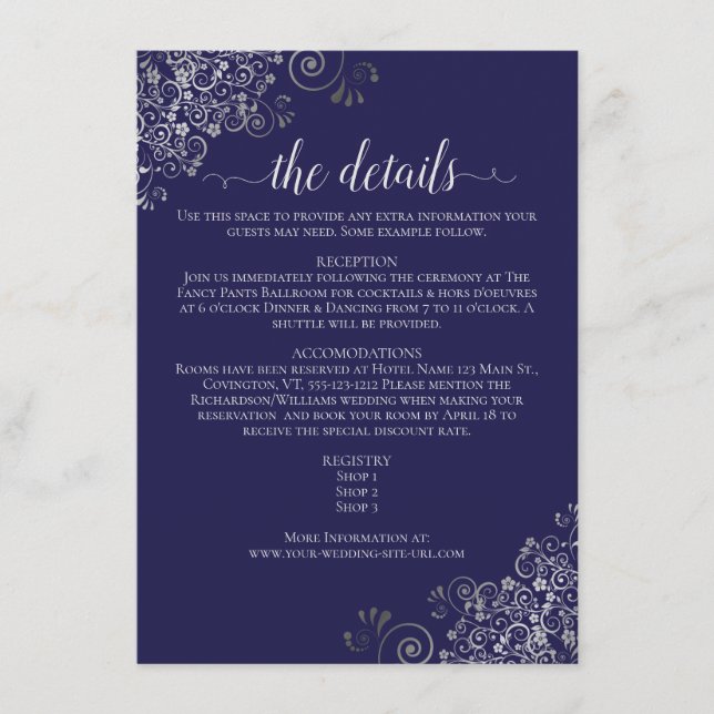 Silver Frills Navy Blue Wedding Details Enclosure Card (Front)