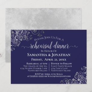 Silver Frills Navy Blue Wedding Rehearsal & Dinner Invitation