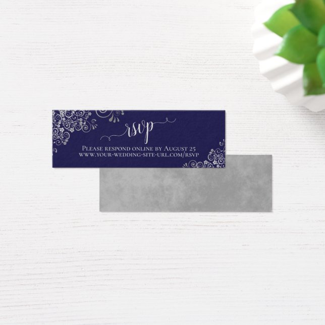 Silver Frills Navy Blue Wedding RSVP Online Card (Desk)