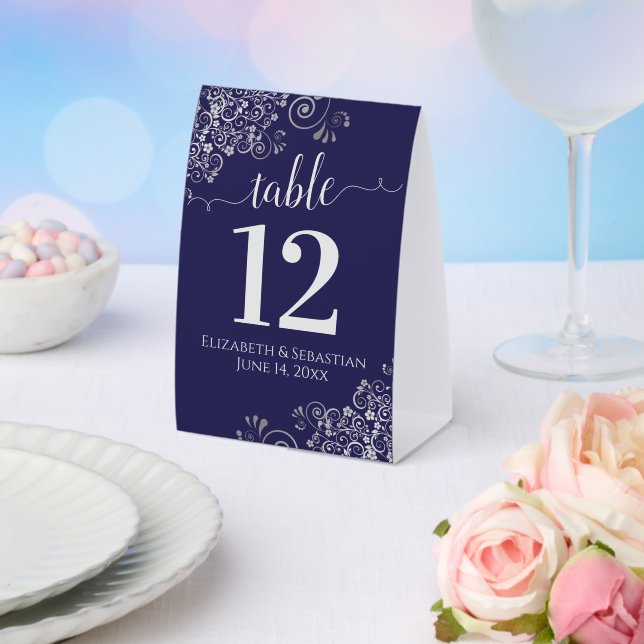 Silver Frills Navy Blue Wedding Table Number (Insitu(Wedding))