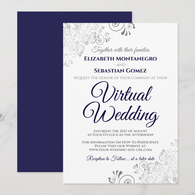 Silver Frills Navy Blue & White Virtual Wedding Invitation (Front/Back)