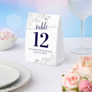 Silver Frills Navy Blue White Wedding Table Number