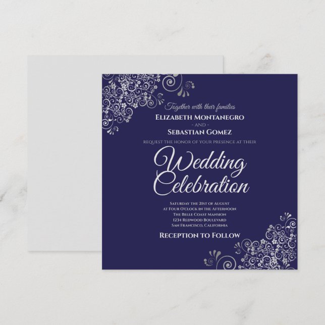 Silver Frills Navy Simple Elegant Square Wedding Invitation (Front/Back)