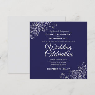 Silver Frills Navy Simple Elegant Square Wedding Invitation