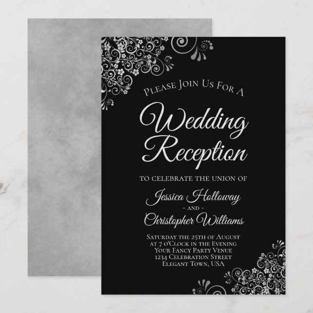 Silver Frills on Black Elegant Wedding Reception Invitation (Front/Back)