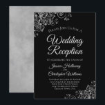 Silver Frills on Black Elegant Wedding Reception Invitation<br><div class="desc">These beautiful wedding invitations are designed for guests who are invited to the reception only,  but not the actual ceremony. They feature a simple yet elegant design with ornate silver faux foil frills on a classic black background with elegant script lettering and a marbled silver-grey back.</div>
