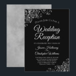 Silver Frills on Black Elegant Wedding Reception Invitation<br><div class="desc">These beautiful wedding invitations are designed for guests who are invited to the reception only,  but not the actual ceremony. They feature a simple yet elegant design with ornate silver faux foil frills on a classic black background with elegant script lettering and a marbled silver-grey back.</div>