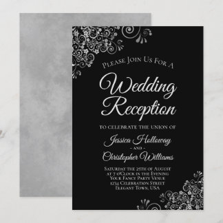 Silver Frills on Black Elegant Wedding Reception Invitation