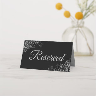 Silver Frills on Black Elegant Wedding Reserved Place Card