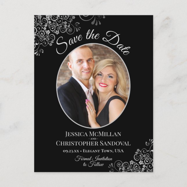 Silver Frills on Black Wedding Save the Date Photo Announcement Postcard (Front)