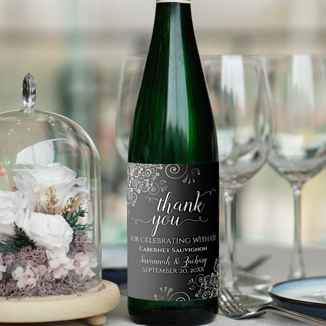 Silver Frills on Black Wedding Thank You Wine Label (Creator Uploaded)