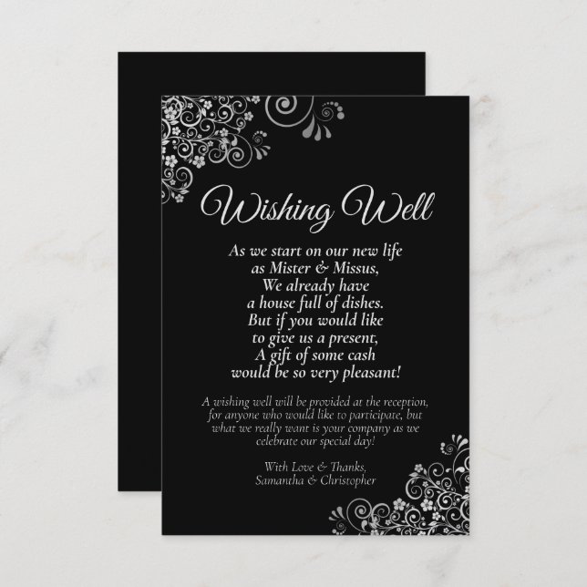Silver Frills on Black Wedding Wishing Well Poem Enclosure Card (Front/Back)