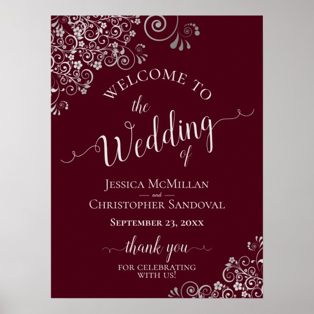 Silver Frills on Burgundy Elegant Wedding Welcome Poster (Front)