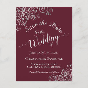 Silver Frills on Burgundy Wedding Save the Date Announcement Postcard