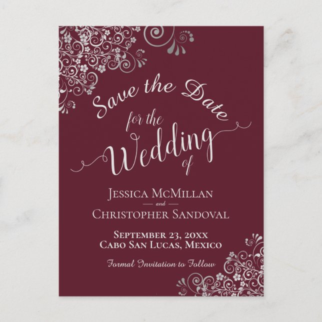 Silver Frills on Burgundy Wedding Save the Date Announcement Postcard (Front)