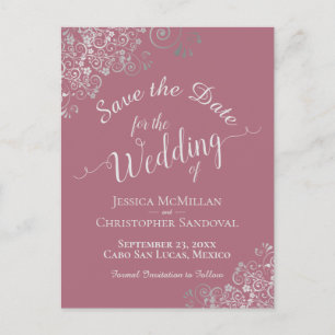 Silver Frills on Dusty Rose Wedding Save the Date Announcement Postcard