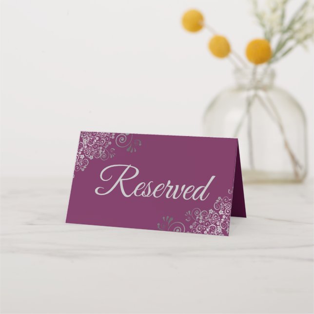 Silver Frills on Magenta Elegant Wedding Reserved Place Card (Back)