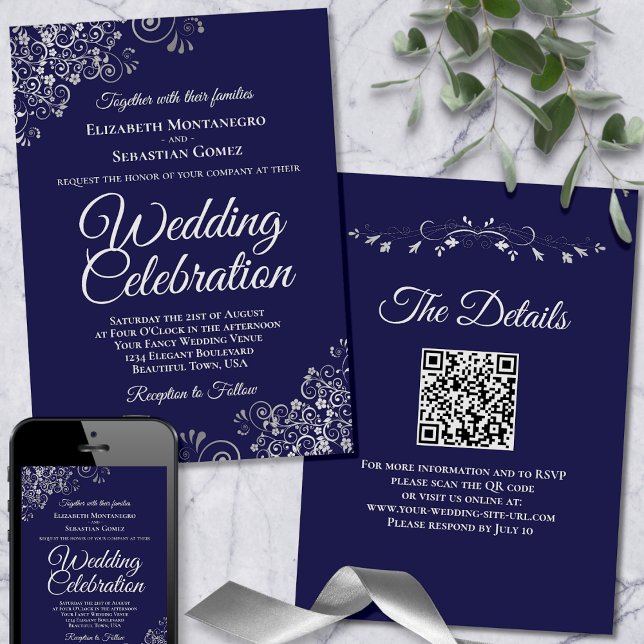 Silver Frills on Navy Blue Elegant QR Code Wedding Invitation (Front/Back/Downloadable)