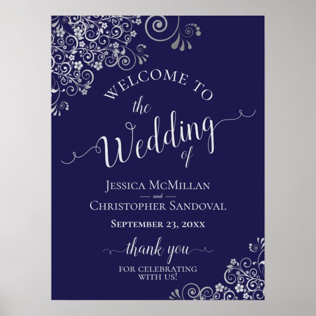 Silver Frills on Navy Blue Elegant Wedding Welcome Poster (Front)