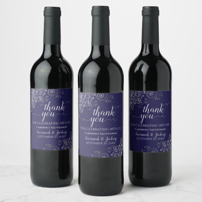 Silver Frills on Navy Blue Wedding Thank You Wine Label (Bottles)