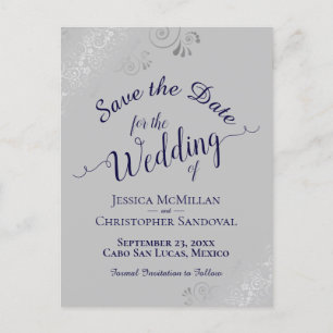 Silver Frills on Navy & Grey Wedding Save the Date Announcement Postcard