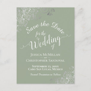 Silver Frills on Sage Green Wedding Save the Date Announcement Postcard