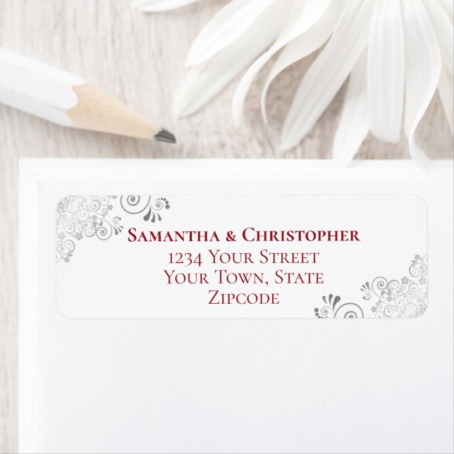 Silver Frills Red on White Wedding Return Address (Insitu)