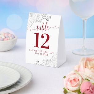 Silver Frills Red on White Wedding Table Number
